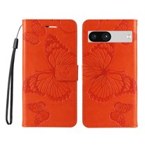 Allytech Google Pixel 7a Case Wallet, PU Leather Big Butterfly Embossed Shockproof Cards Holder Hand Wrist Protective Flip Stand Cover Wallet Case for Goolge Pixel 7a - Orange