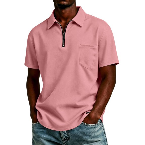 Men's Knit Short Sleeve Polo Shirt with Zipper Collar for Office Golf Casual Wear Lightweight Top XL