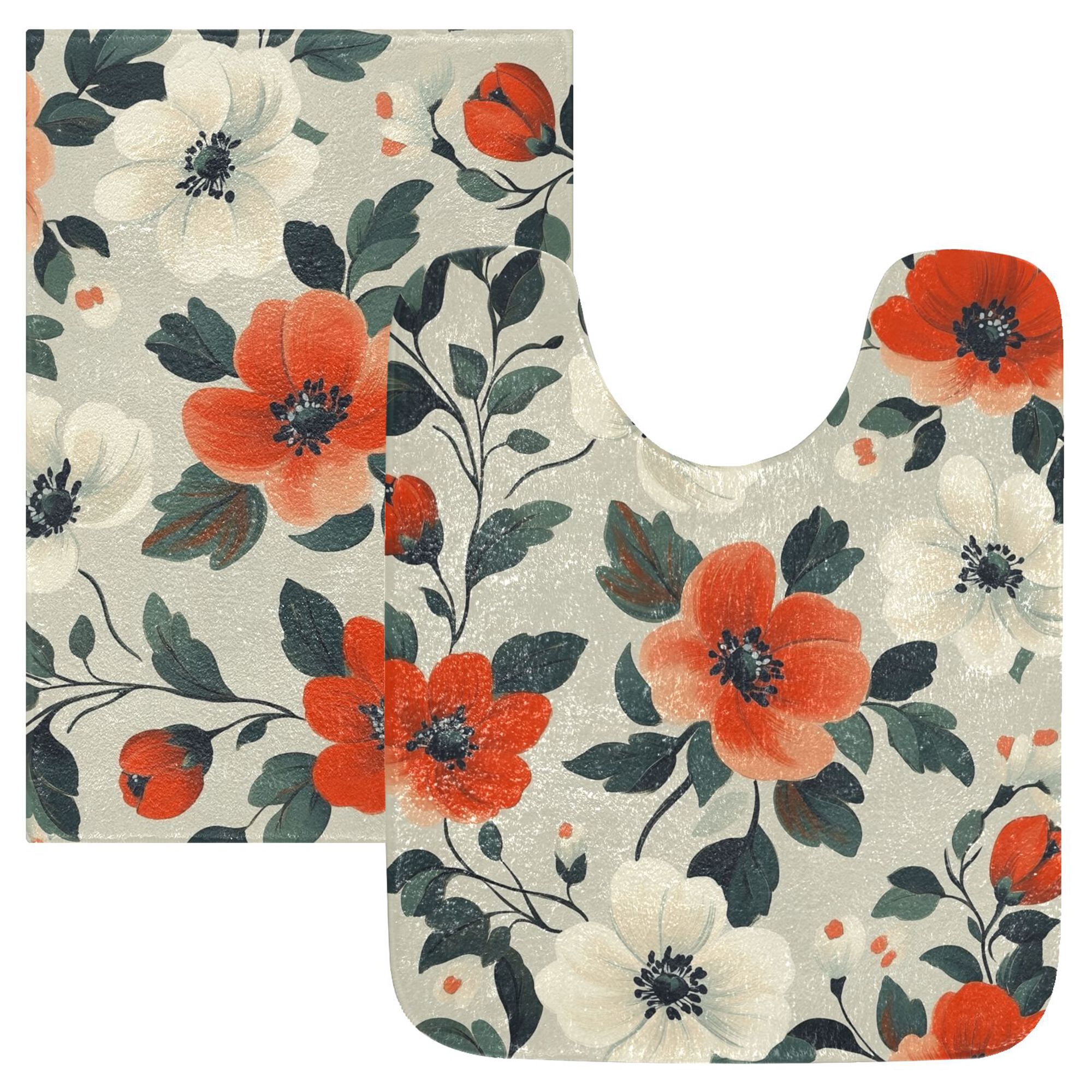 Yayeee Bath Rugs for Bathroom Floor Set of 2 Non Slip Fluffy Soft Absorbent Mat, Large Red Floral Pattern