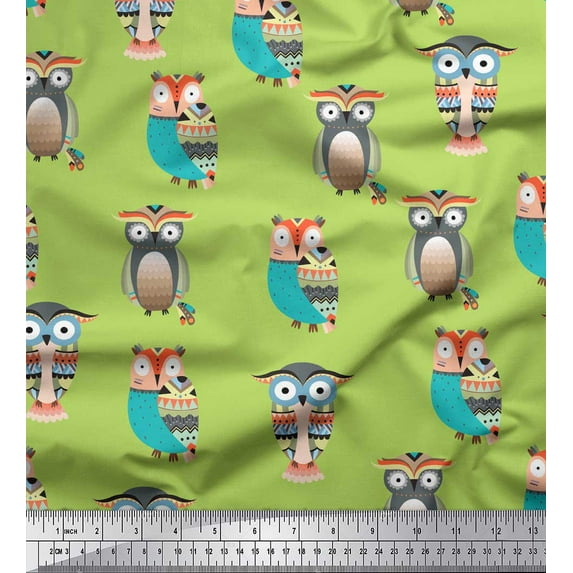 Soimoi Green Rayon Fabric Owl Tribal Printed Fabric 1 Yard 56 Inch Wide