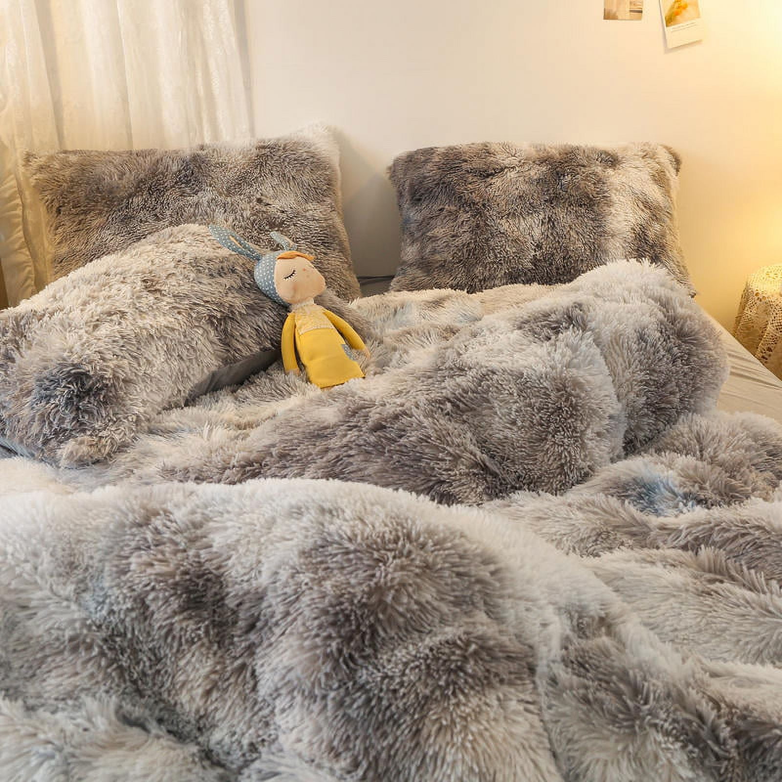 Wajade Plush Duvet Cover Set 3 Piece - Luxury Ultra Soft Fluffy Fuzzy Comforter Cover with 2 Pillow Shams Faux Fur Bedding Set,Full Size,Grey White Ombre
