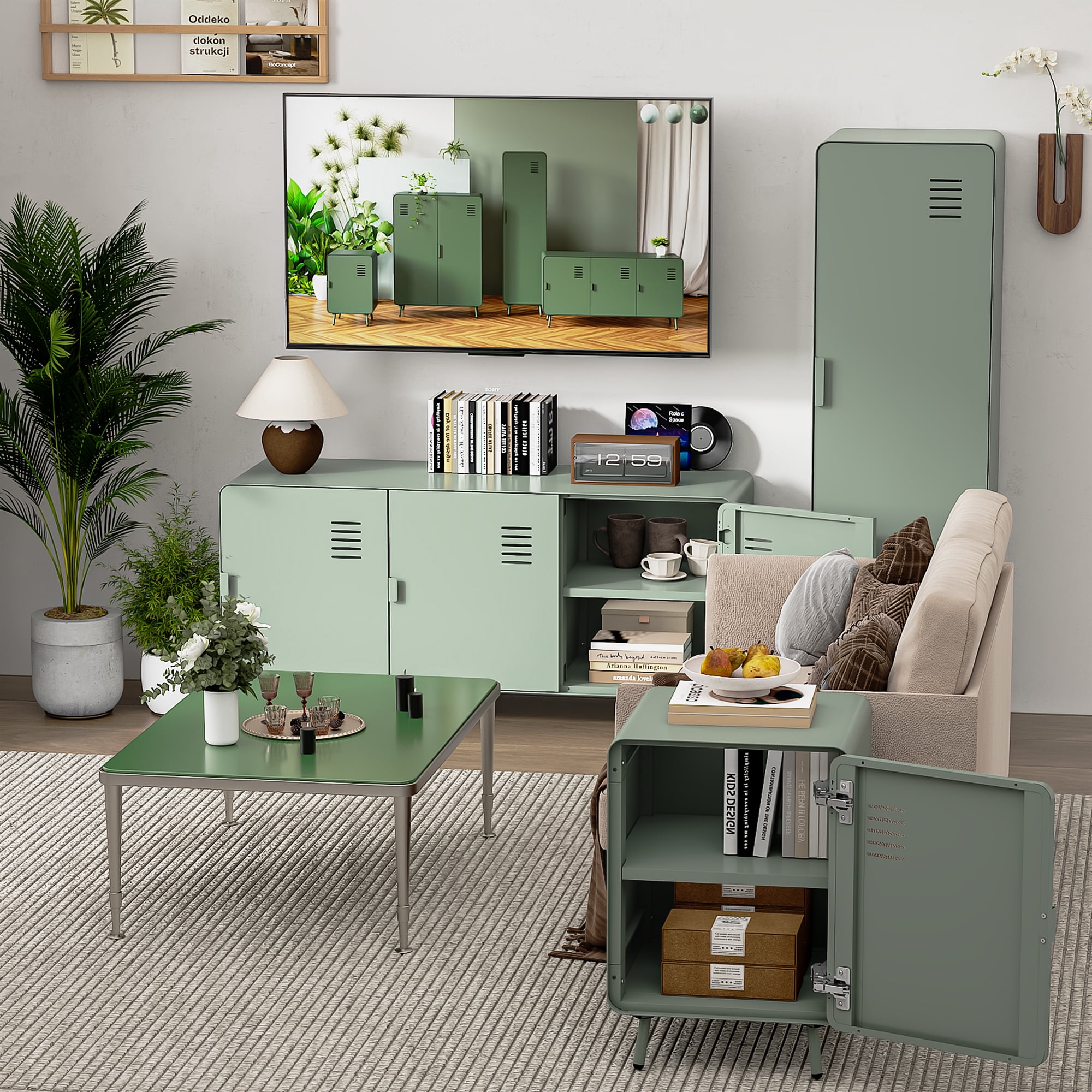Homy Casa Storage Locker Nightstand with Shelves Metal End Table for Bedroom Dorm Office Mint Green