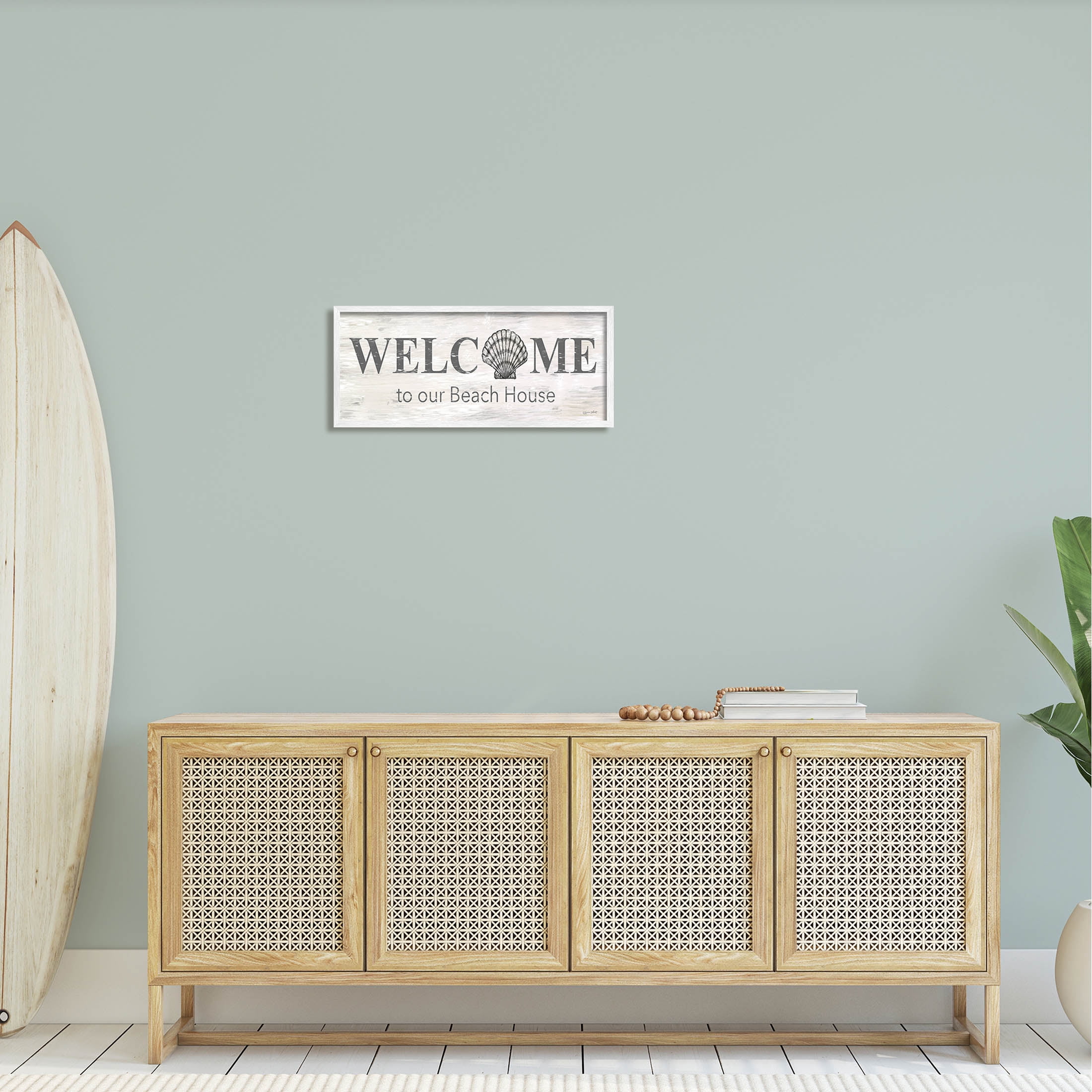 Welcome Beach House Clam Sign Coastal Graphic Art White Framed Art Print Wall Art