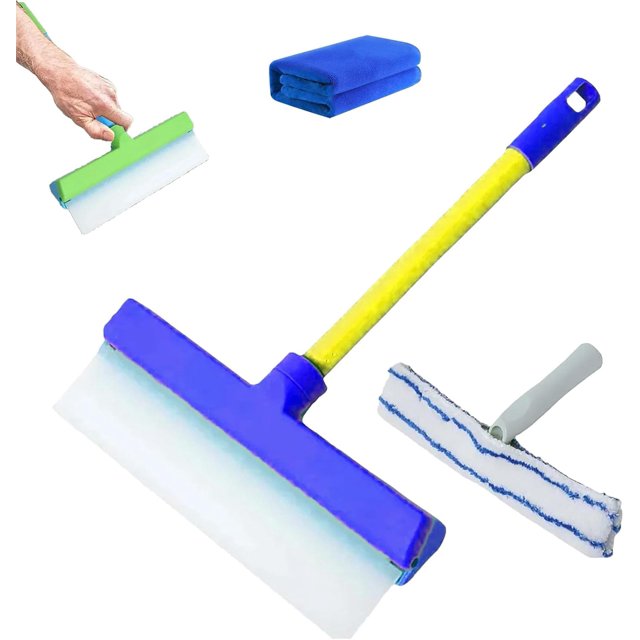 Aquaswipe Kit de Raclette de Fenêtre en Silicone Recyclable, Raclette de Nettoyage de Fenêtre Multifonctionnelle 3 en 1, Raclette en Caoutchouc Rotative et Récurant en Microfibre pour Douche, Verre, Miroir, Porte de Voiture (Bleu)