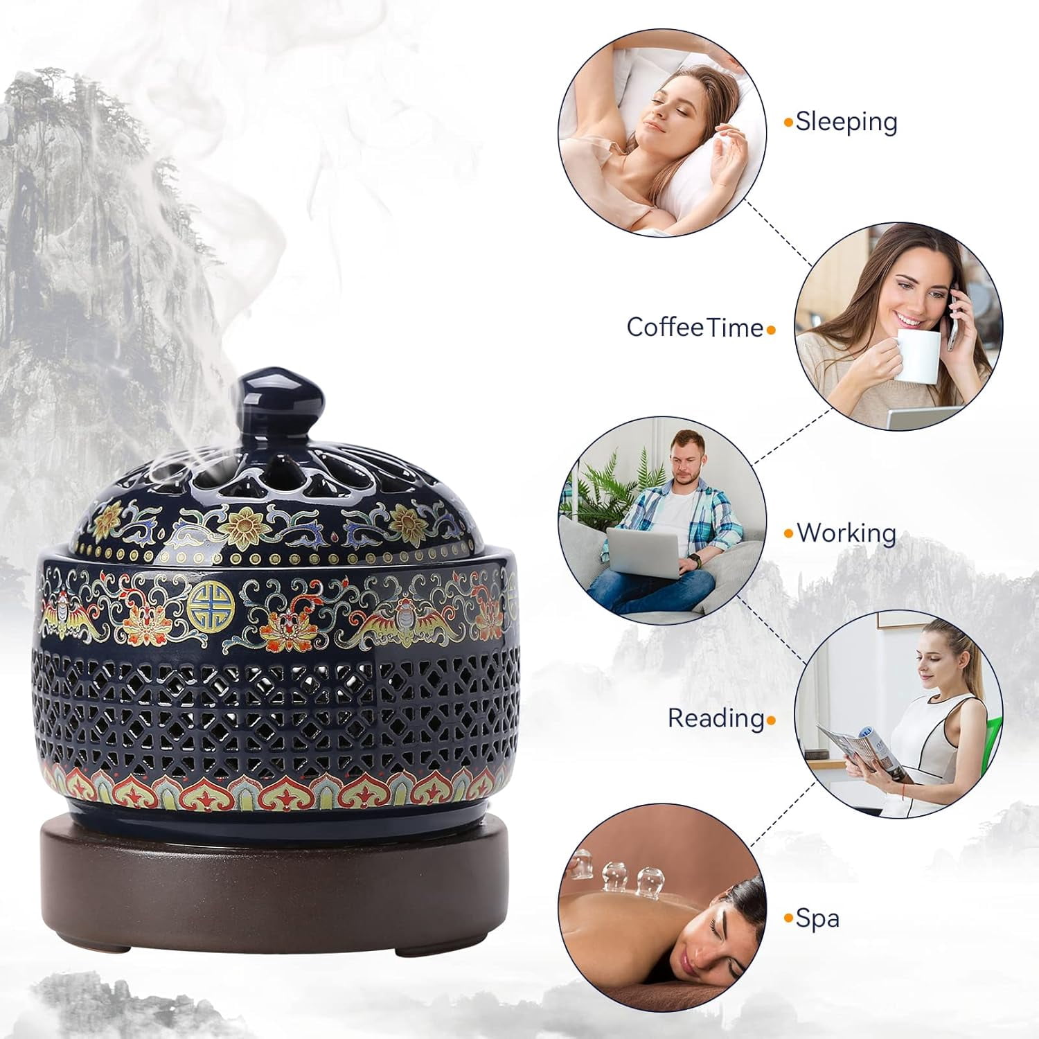 Ceramic Electric Incense Burner with LED Flame Effect, Enamel Hollow Design Classical Elegant Incense Holder for Home Decor, Yoga & SPA