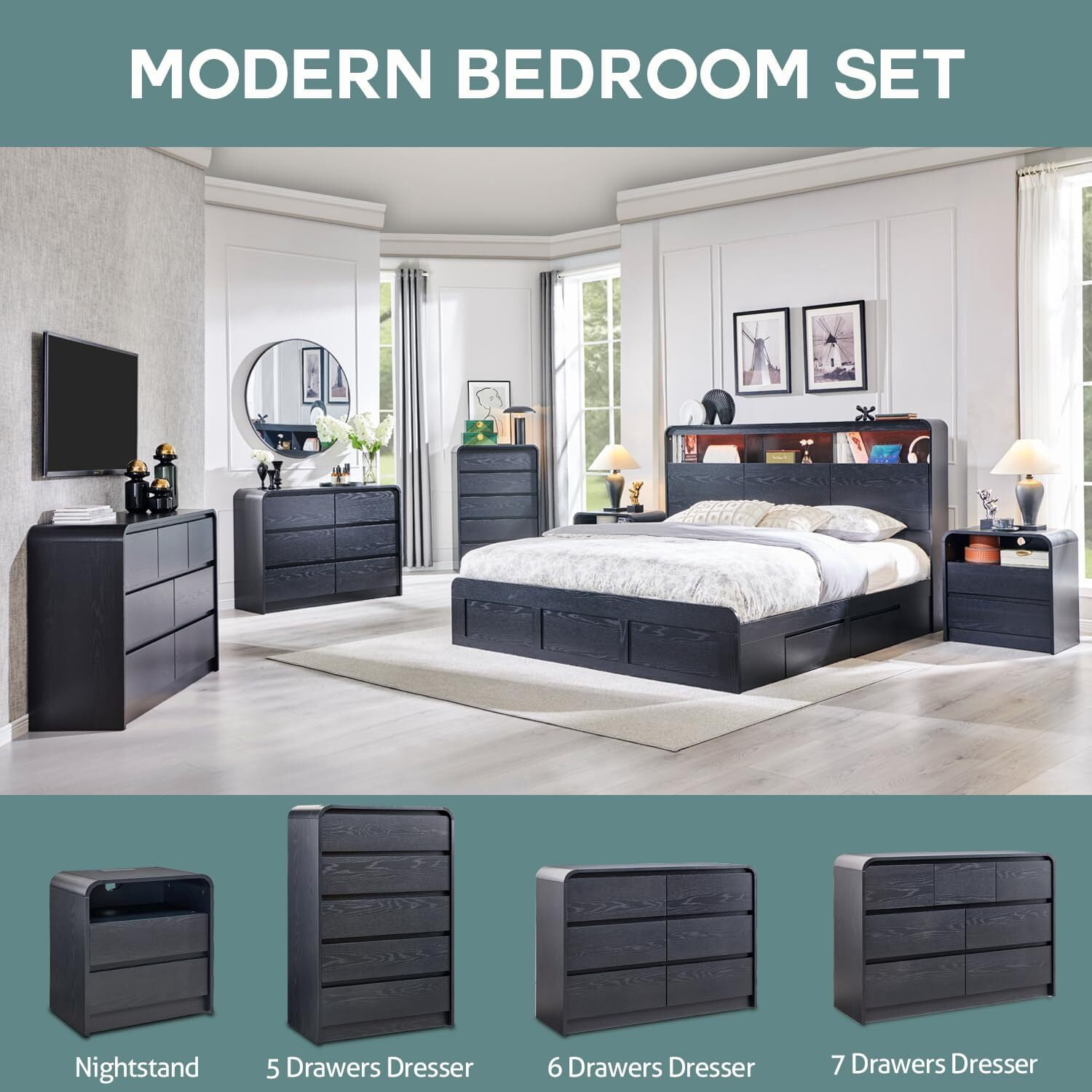 wow97e Modern 7 Drawers Dresser for Bedroom, Mid Century Chests of Drawers w/Curved Profile Design, 47" Wide