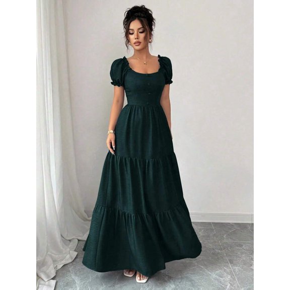 Womens Elegant Dark Green Tiered Maxi Dress With Puff Sleeves & Square