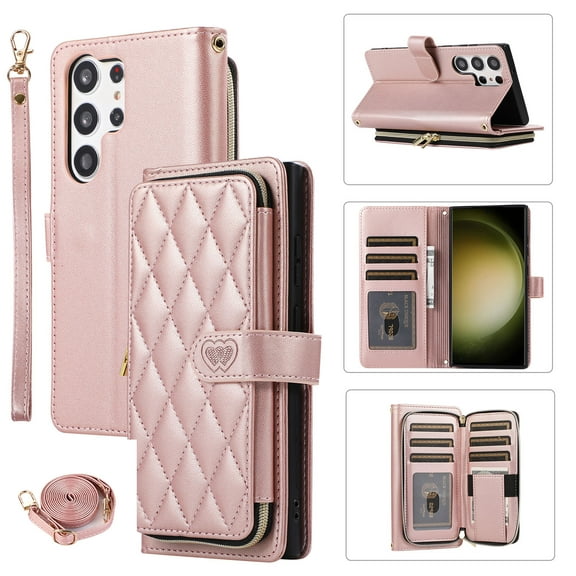 Crossbody Strap & Lanyard for Samsung Galaxy S23 Ultra Case Wallet, with 10-Card Holder & 1 Bills Slot Soft PU Leather Magnetic Flip Folio Heavy Duty Protection Case for Galaxy S23 Ultra, Rosegold