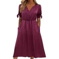 thumbnail image 2 of Women's Short Sleeve Dresses with Pockets Plus Size Multi-Color Satin Zipper V-Neck Dress, 2 of 9