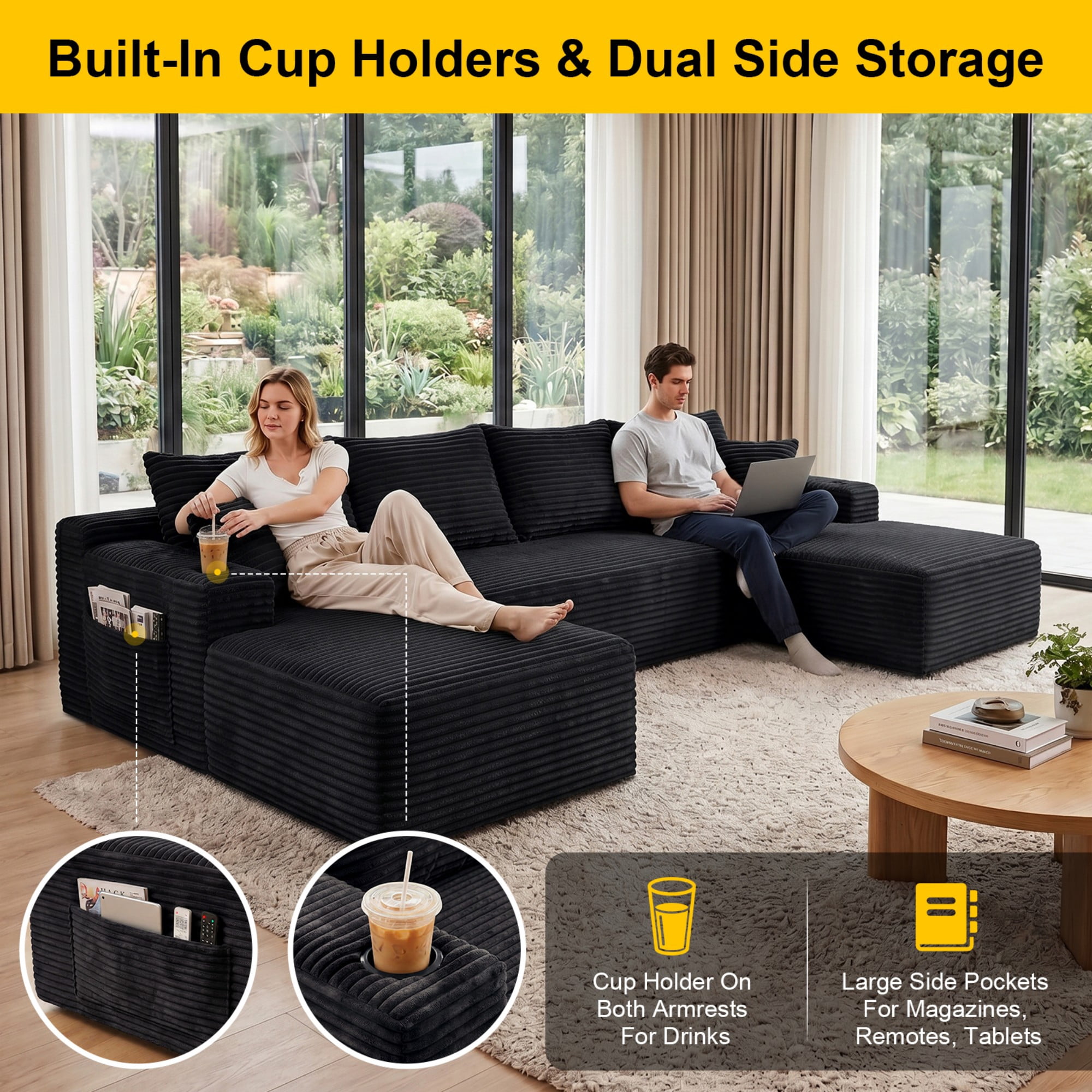 DEALTOPS 134" Corduroy U-Shape Modular Cloud Couch, Double Chaise Sectional Sofa with Cup Holders, Black