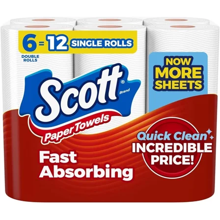 Scott Paper Towels Choose-A-Sheet 6 Double Rolls = 12 Regular Rolls