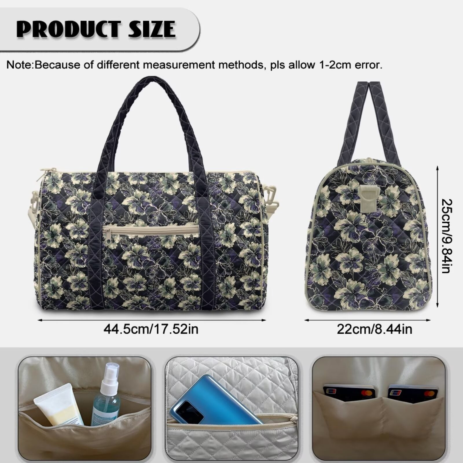 Chririnla Lightweight Travel Bags for Women Carry On Universal Fit Luggage with Quilted Fabric & Luggage Handle Strap Airplanes, Dark Hibiscus Print