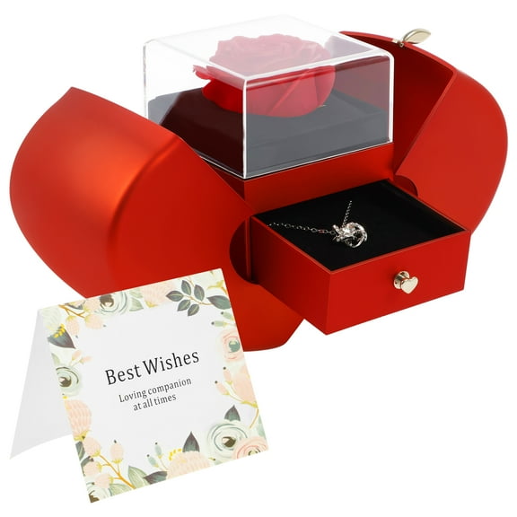 Preserved Handmade Red Rose with Hollow Clavicle Necklace Exquisite Jewelry Box with Necklace for Girlfriend Wife Mom Presents on Christmas Birthday Anniversary