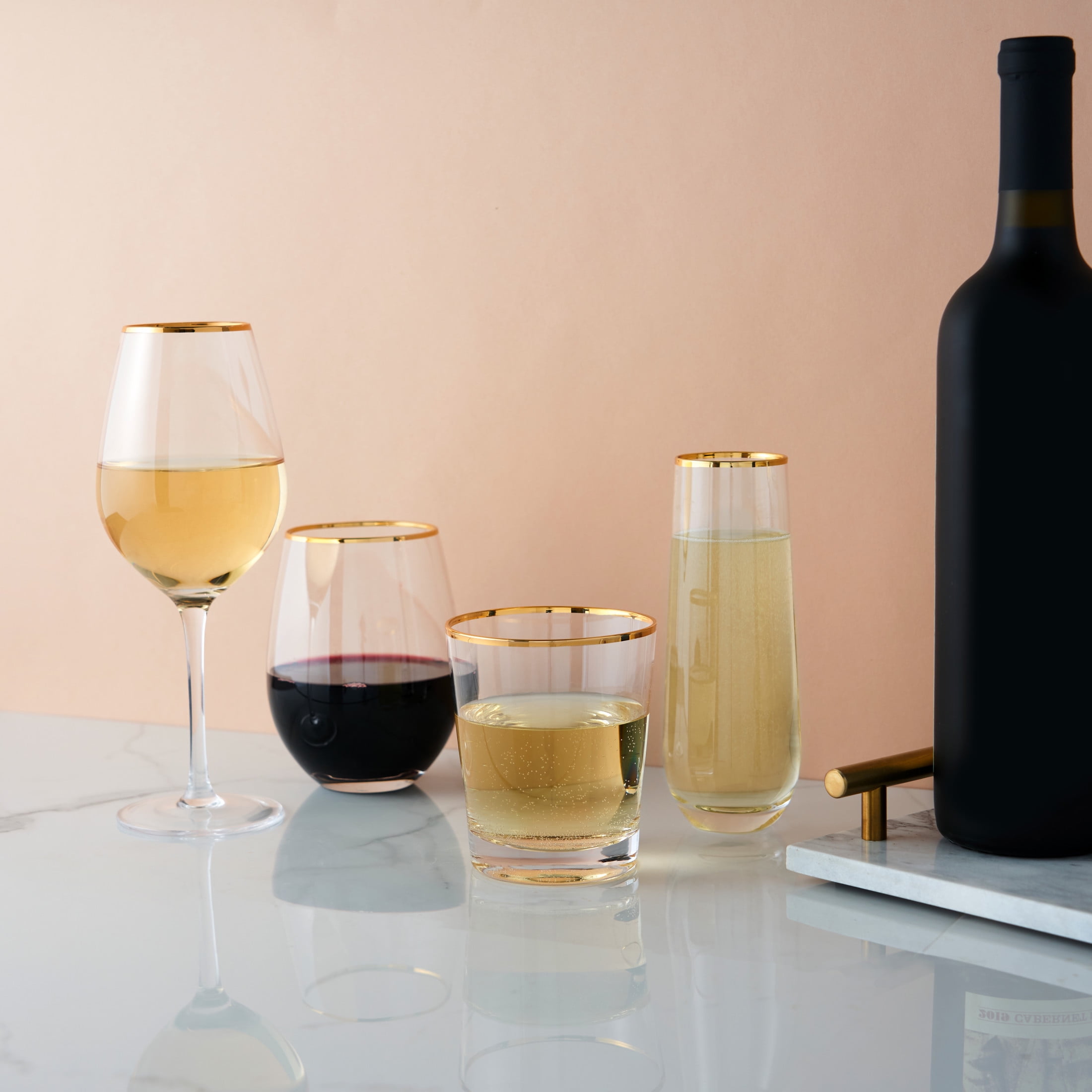 Twine Gilded Gold Rimmed Stemless Wine Glasses, Party Barware 18oz Set of 2