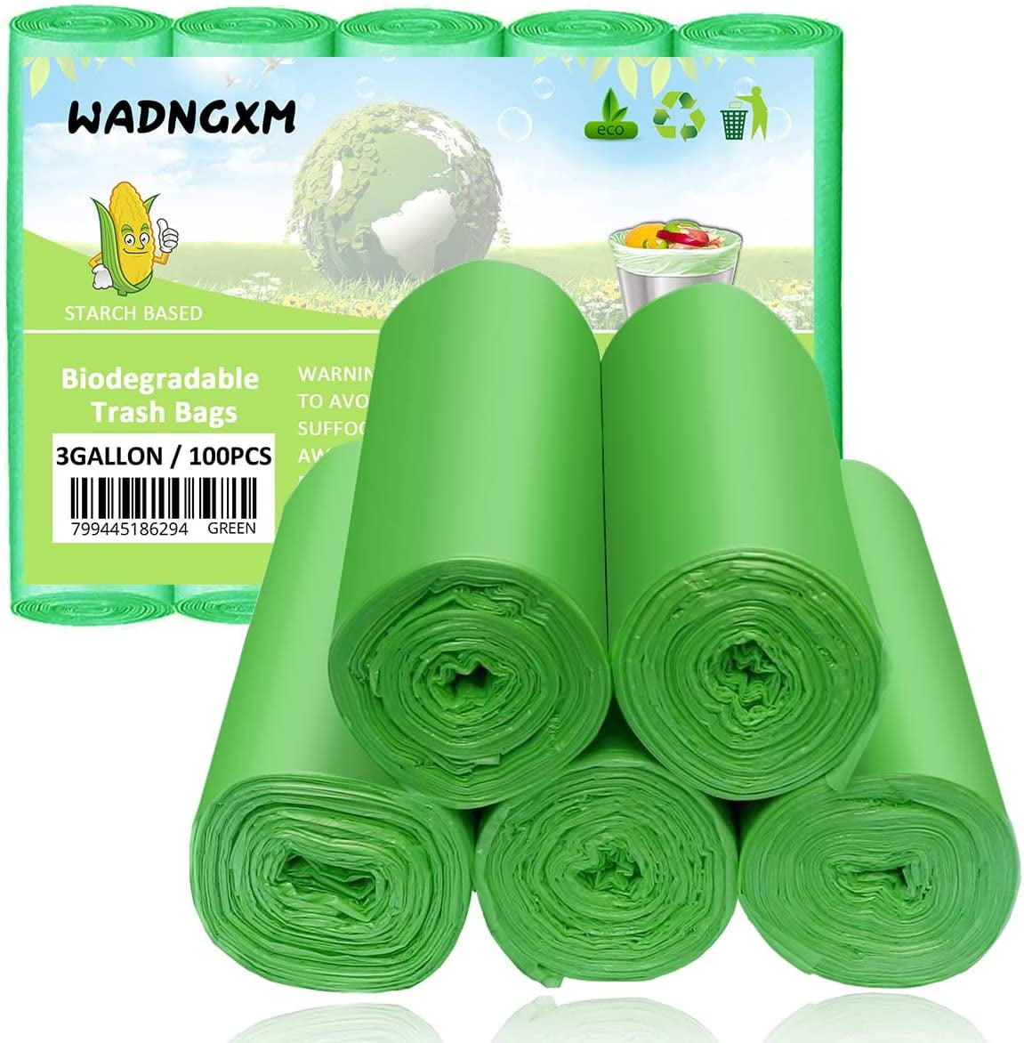 100PC Biodegradable Compost Bags Eco-Friendly Trash Bag 3 Gallon Capacity Green 