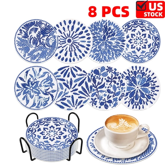 8PCS Diamond Art Coaster Blue & White Diamond Painting Kits 5D DIY Acrylic Diamond Coasters with  Holder for Adults DIY Craft