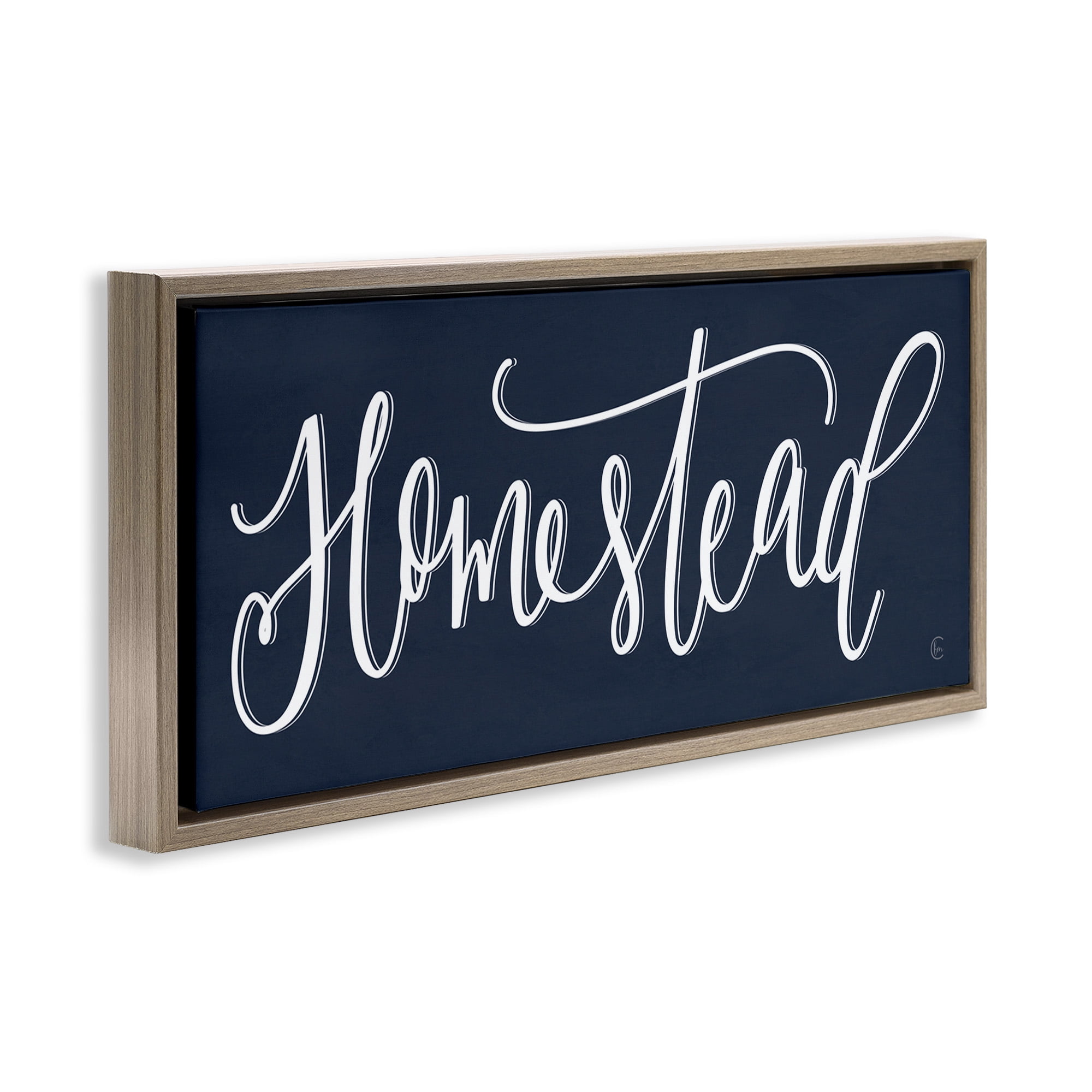Stupell Industries Navy Blue Homestead Phrase Inspirational Painting Brown Floater Framed Canvas Art Print Wall Art, 25 x 11