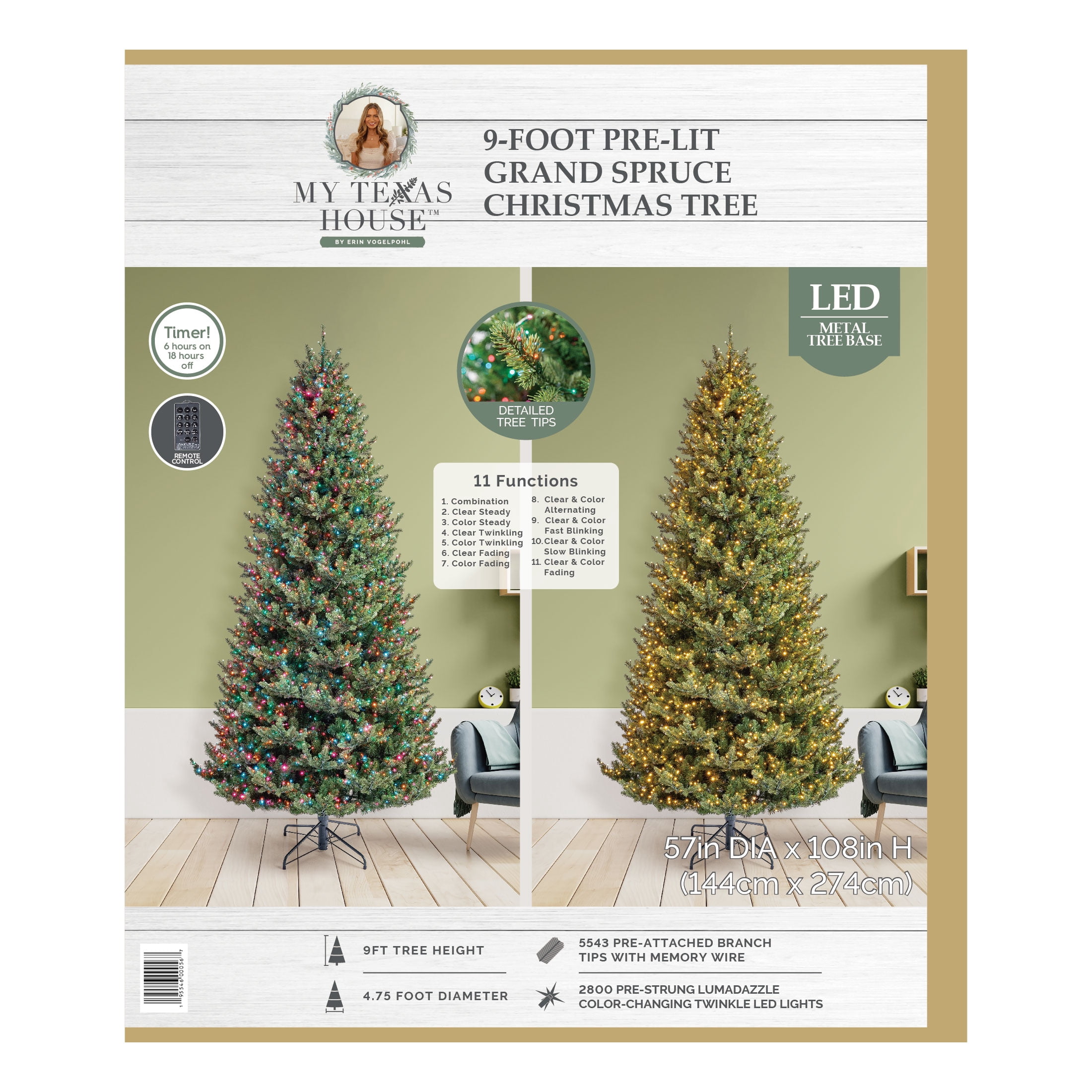 My Texas House 9FT Grand Spruce Prelit Green Artificial Christmas Tree with LumaDazzle Color-Changing Twinkle LED Lights and Quick Set