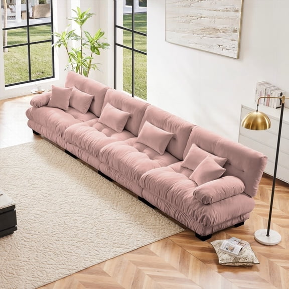 Modern Minimalist Chenille 4-Seater Sectional Sofa 220×80×75cm with Deep Seat and Comfy Pillows