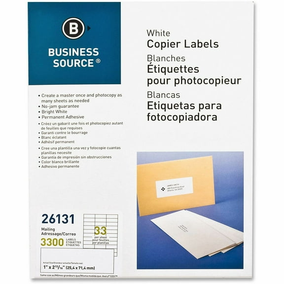 Business Source Mailing Labels 1"x2-3/4" 3300/PK White 26131