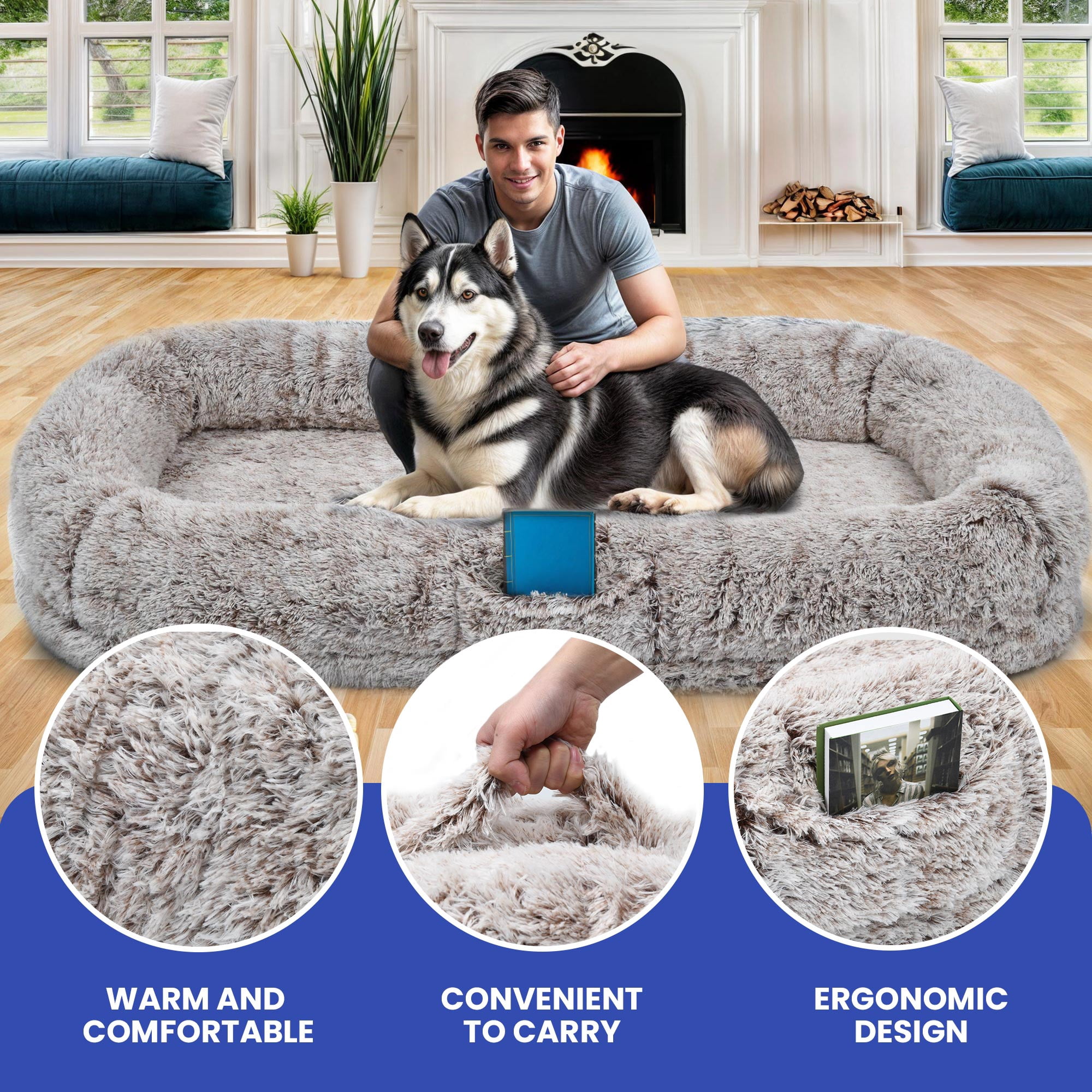 ModFusion 78” Extra-Large Human Dog Bed with Pillow & Blanket – Washable Faux Fur, Brown – Pet Bed for Dogs and Humans