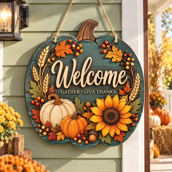Sunflower Pumpkin Round Wooden Door Sign for Fall Porch Welcome Decor
