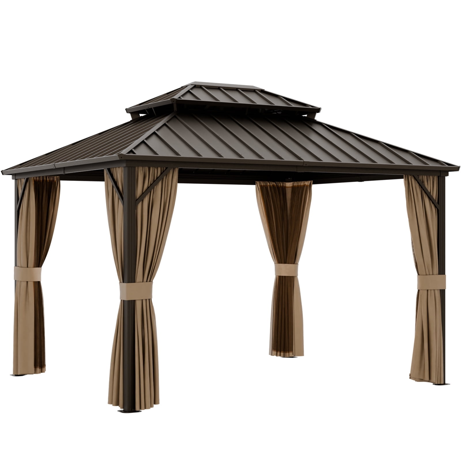 EAGLE PEAK 10'x12' Outdoor Patio Hardtop Gazebo with Aluminum Frame, Galvanized Steel Double Roof with Netting and Curtains, Brown