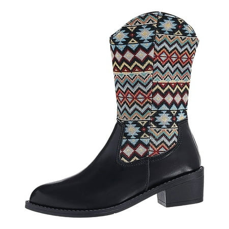 

Jungdeepe Ladies Autumn And Winter Casual Retro Colorblocking Floral Pointed Toe Heel Boots Narrow Calves Heel Insert Running Boots for Women Wide Calf Western Boot Leather Cowboy Boot