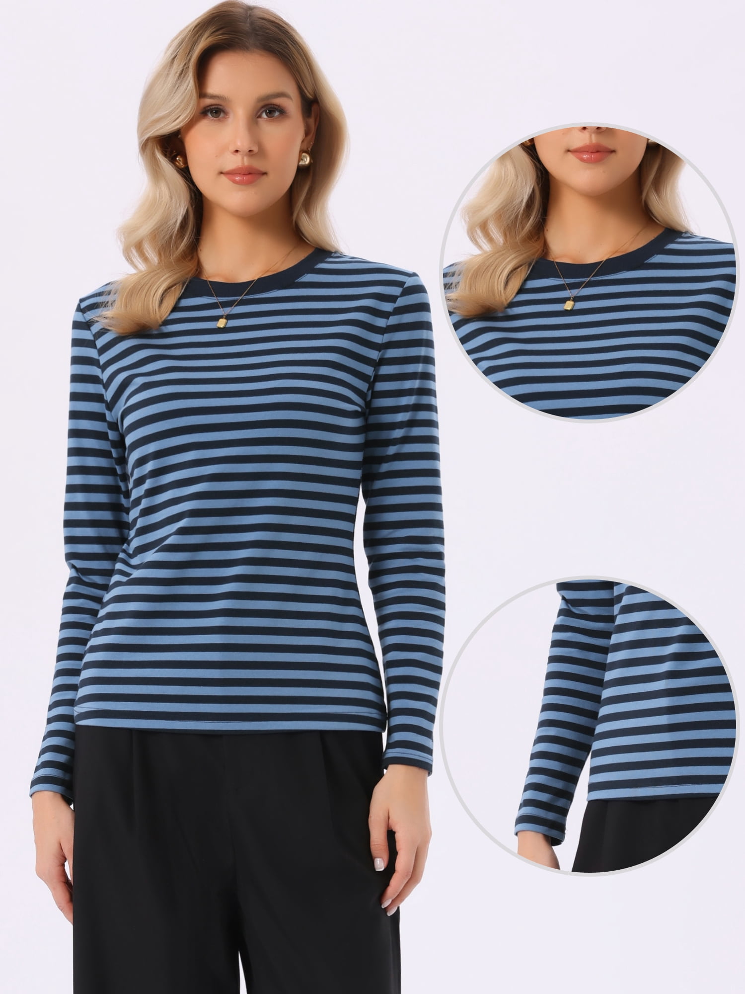 DARING DIVA Women's Striped Long Sleeve Cotton Crew Neck Tees M Black Blue Stripe