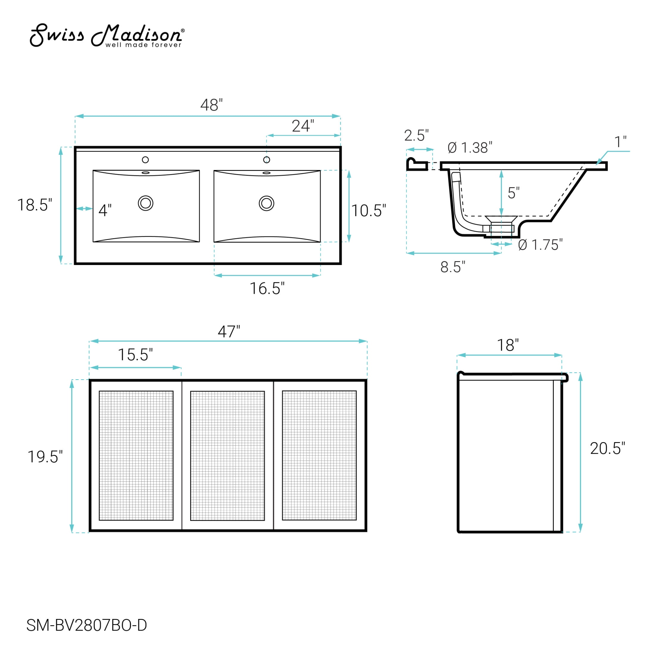 Classe 48" Wall-Mounted Bathroom Vanity in Brown Oak with Double Basin Sink Top