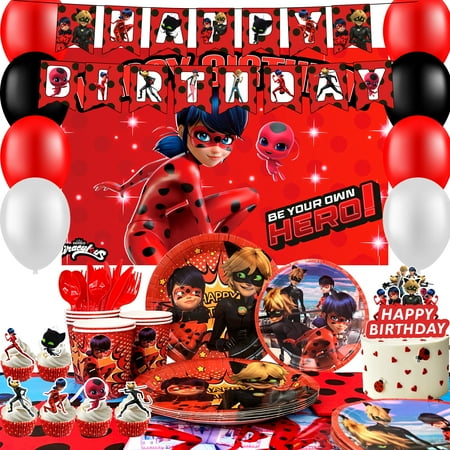 Miraculous Ladybug Birthday Party Supplies,Miraculous Ladybug Birthday Decorations & Party Tableware Set - Miraculous Ladybug Plates Tablecloth Banner etc Miraculous Ladybug Party Supplies
