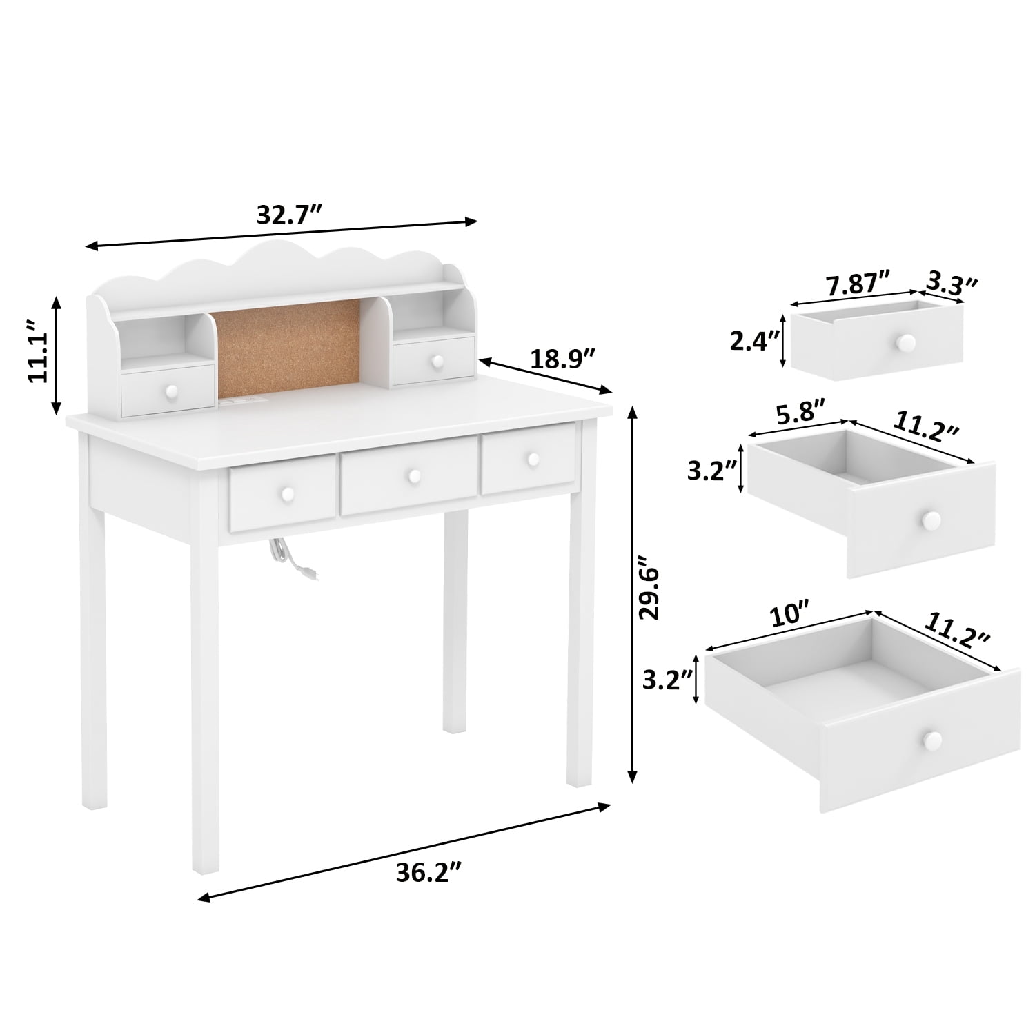 LAZZO 36" Writing Desk with Detachable Hutch & Drawers, Home Office Study Desk, White