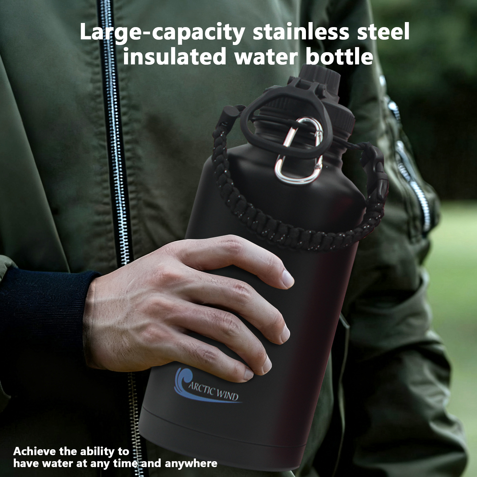 Arcticwind 64 oz Insulated Water Bottle, 304 Stainless Steel Leak Proof & BPA-Free, Half Gallon Water Bottle, Paracord Handle, 64oz Water Bottle Triple Wall Thermal Sweat-Proof Gallon Water Jug