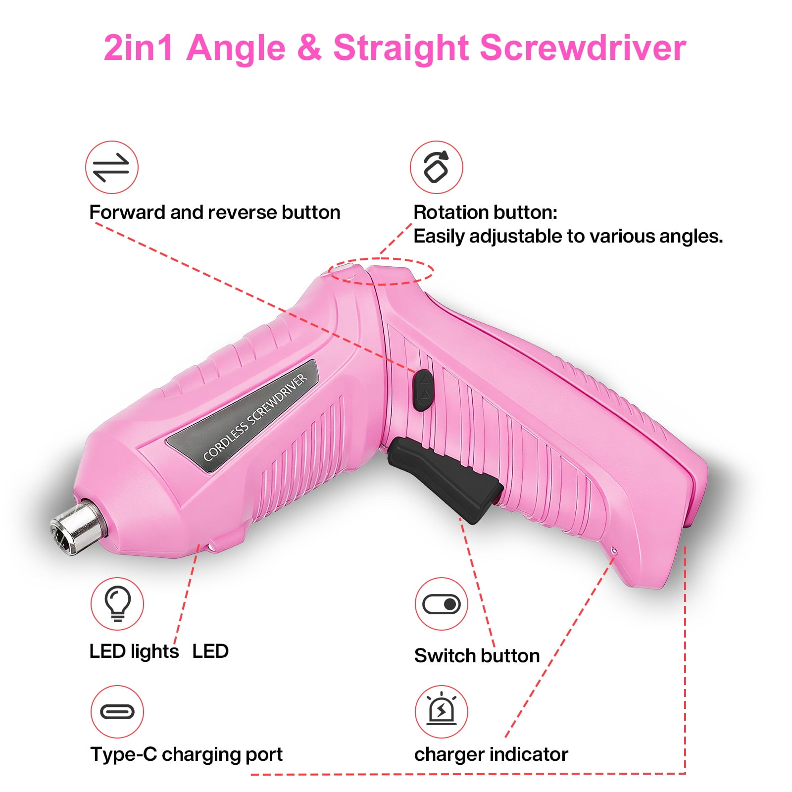 Electric Screwdriver Set, Handheld cordless drill Rechargeable Tool, Rotatable 90 Degrees Cordless Electric Screwdriver Set with Rechargeable Battery and LED Light for Home DIY, Pink