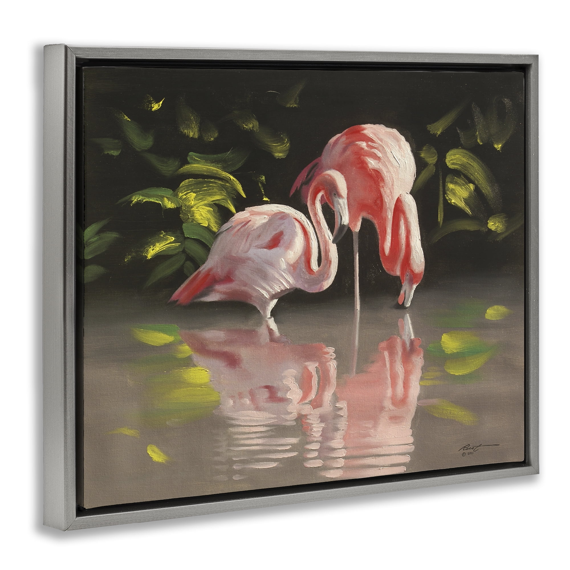 Stupell Industries Flamingos with Pond Reflection Animals & Insects Painting Gray Floater Framed Canvas Art Print Wall Art, 21 x 17