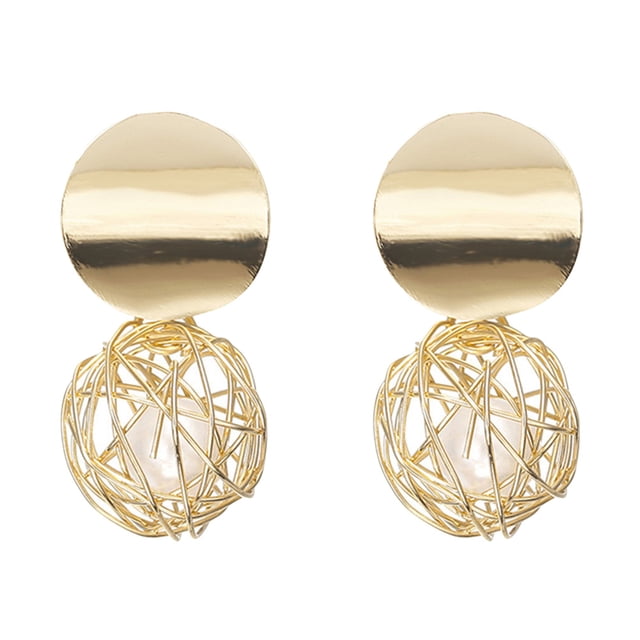 Pendientes de gota de perla artificial con forma de bola hueca tejida geométrica retro para mujer, joyería de arte moderno, regalo
