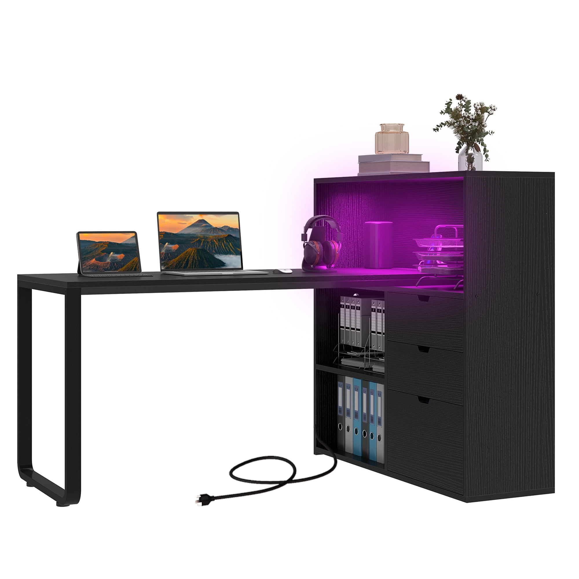 Uforic  55" Corner L Shaped Desk with Power Outlets & LED Lights & File Cabinet, 3 Drawers & 3 Storage Shelves, Home Office Desk with Bookshelf, Black