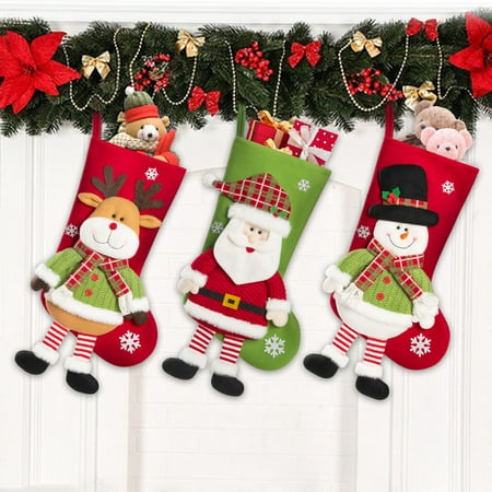 Cosmonic 18'' Christmas Stockings 3 Pack with Plush Santa Snowman Reindeer Elf Xmas Stockings Plush Stockings Fireplace Hanging Christmas Decorations