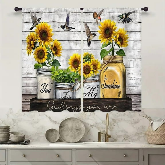Rustic Sunflower Birds Kitchen Curtains 27.5W X 39L Inch 2 Panel Rod Pocket Wooden Yellow Floral Farmhouse Flower God Says You are Small Short Cafe Tier Window Drapes Bathroom Home Decor