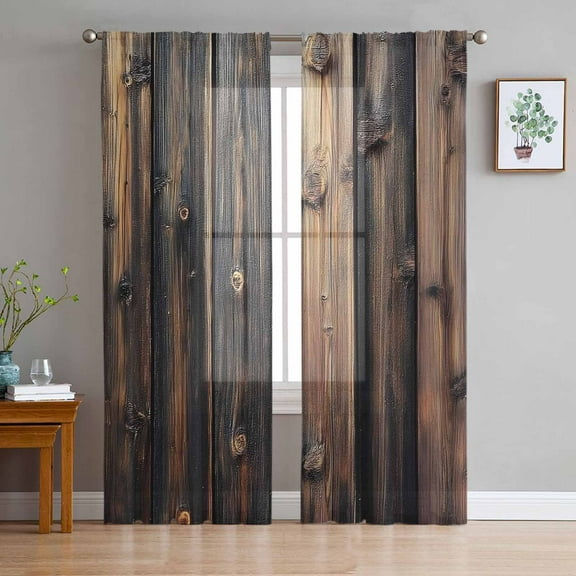 Farmhouse Wooden Sheer Curtains 72 Inches Long 2 Panels Set, Window Sheer Curtains for Living Room/Bedroom, Brown Modernism Retro Light Filtering Rod Pocket Curtain 52'' x 72'' x 2