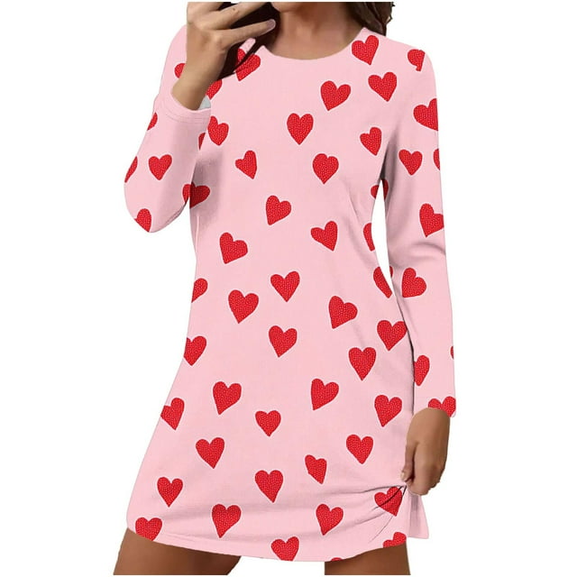 fheaev Chemises de Nuit pour Femmes Grande Taille Imprimé Saint-Valentin Coupe Ample Pyjama Confortable Manches Longues Col Rond Chemise de Nuit Courte