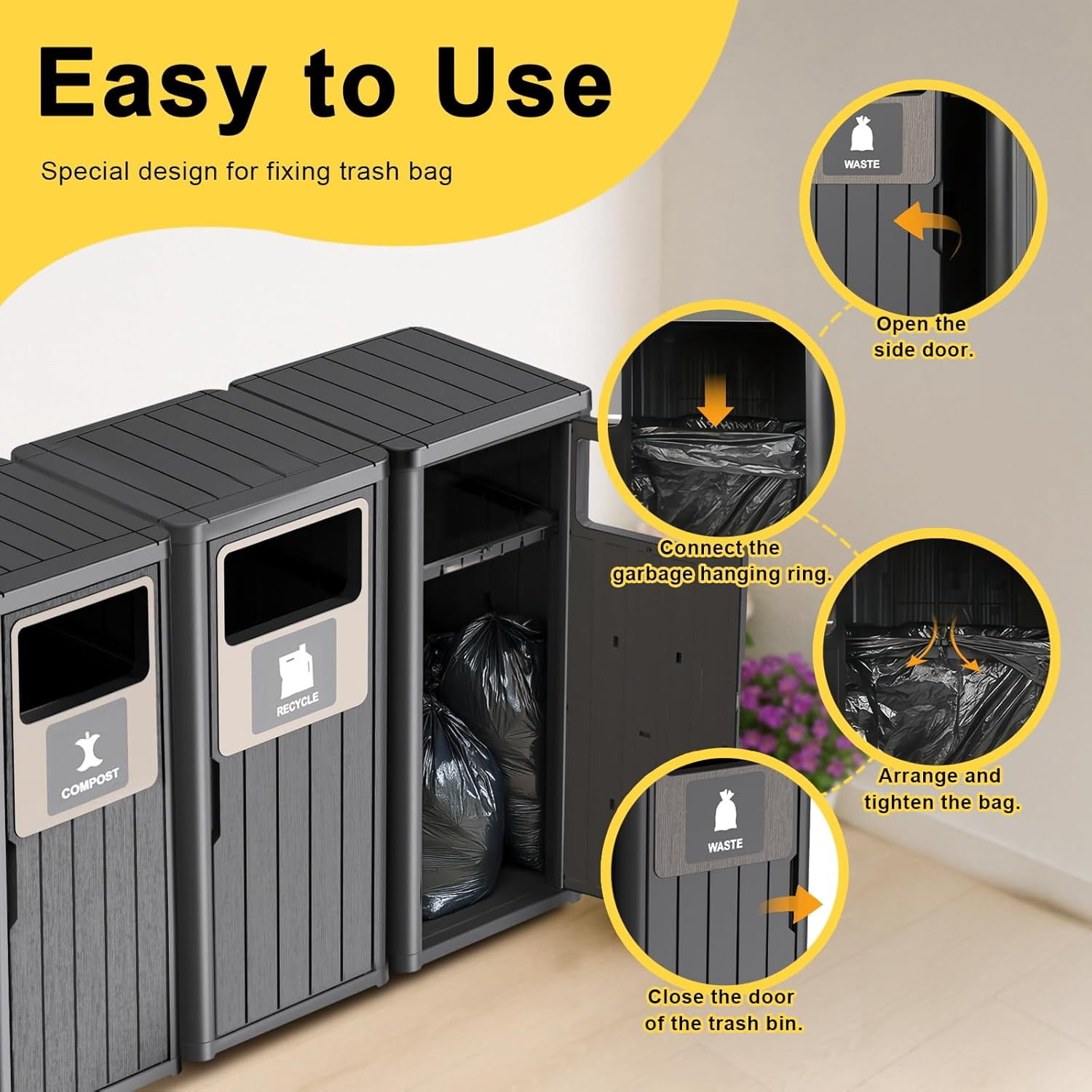 Outdoor 3-Barrel Resin Trash Can – Waterproof, Recycling Labels – Fits 30-39 Gal Bags, Durable for Porch/Backyard/Kitchen, Black, 50.8x16.5x35.4in