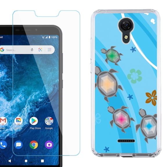 Slim-Fit Protective Phone Case compatible with Cricket Icon 2, with Tempered Glass Screen Protector, by OneToughShield ® - Happy Turtle