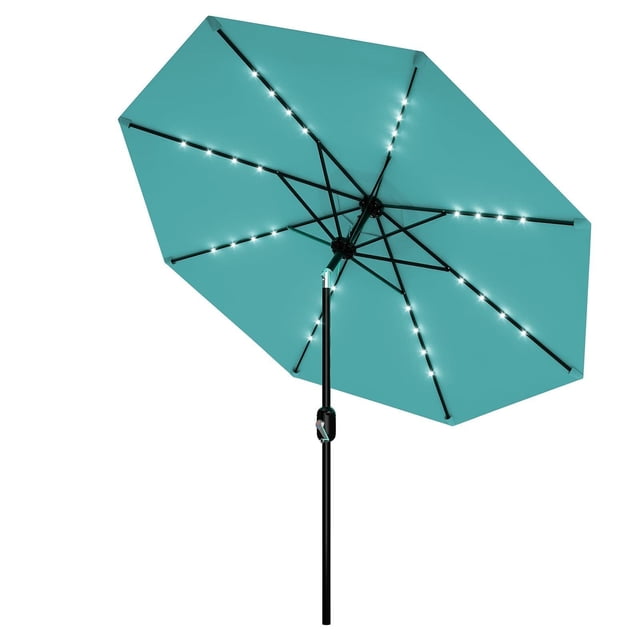 Garvee 10ft Solar LED Patio Umbrella,32 Lights,8 Sturdy Ribs,Crank Lift & Push Button Tilt,Lake Blue