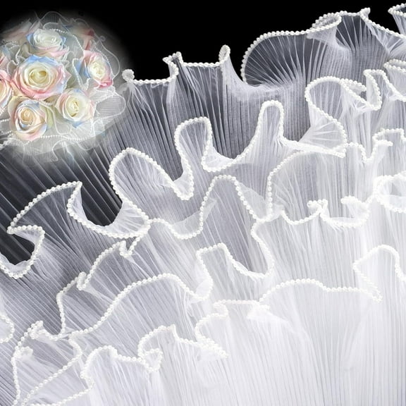 LQQBOX 4 Yards Flower Wrapping Paper Pearl Edge, White Bouquet Wrapping Paper, Floral Wrapping Mesh Paper for Valentines Florist Supplies Wedding Gift Packaging Christmas Decor (3 Pcs)