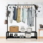 Clothes Rack, Clothing Rack for Hanging Clothes, Garment Rack W/6 Hooks & 2-Tier Storage Shelf, Single Rail Clothes Rack Stand, Free Standing Black Garment Rack