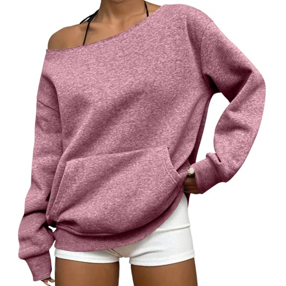 Resicozy Off the Shoulder Sweatshirt for Women Trendy Oversized Cute Crewneck Sweatshirts Fall Travel Plain Hoodie with Pocket Pink 2XL