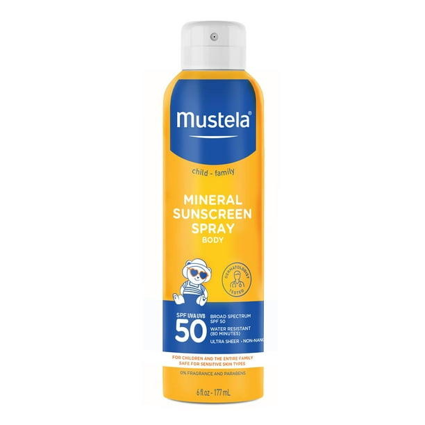 Protector solar en spray para bebés Mustela SPF 50 de amplio espectro