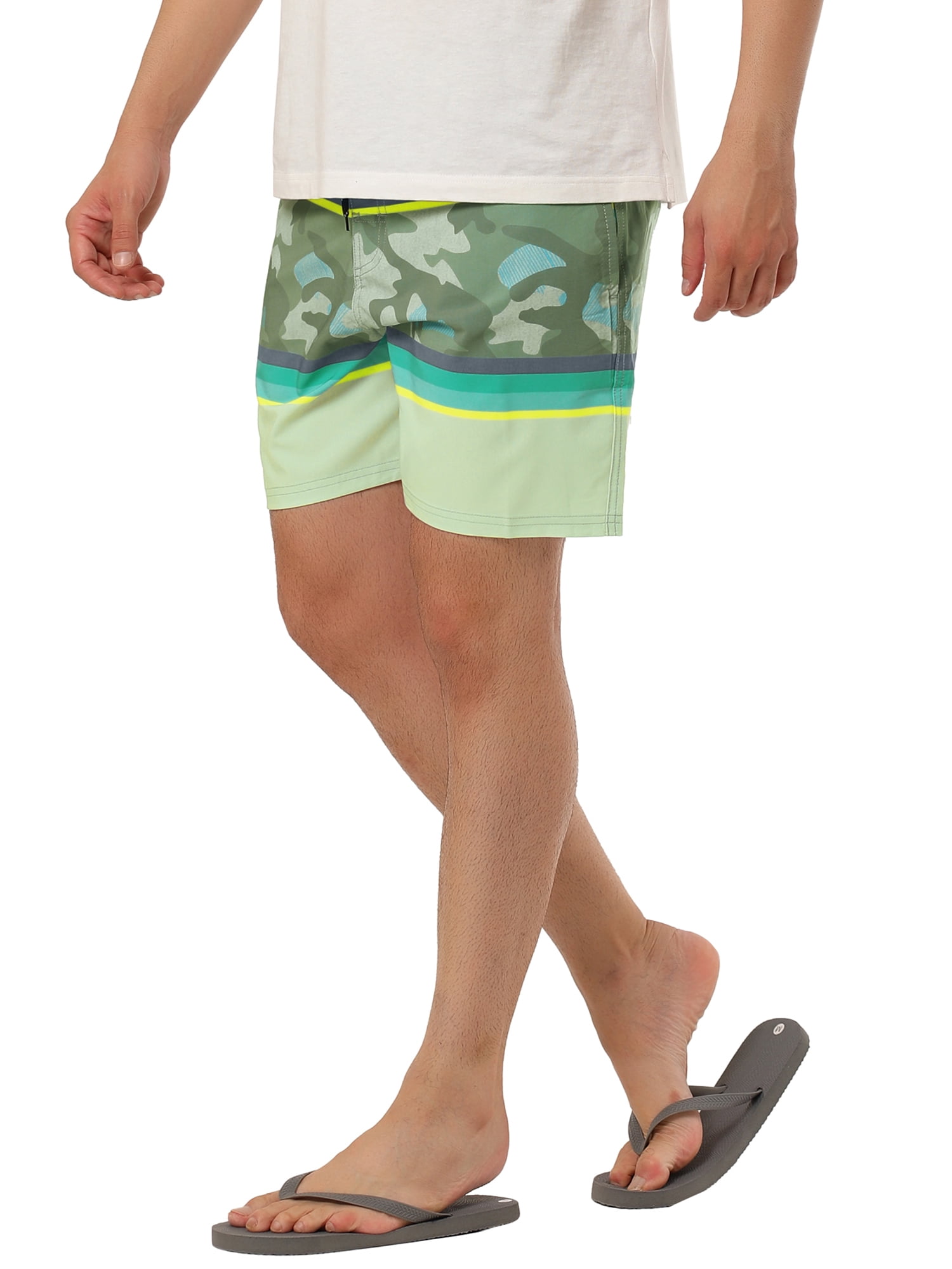 Unique Bargains Men's Summer Beach Drawstring Color Block Printed Swim Board Shorts 32 Beige Camo