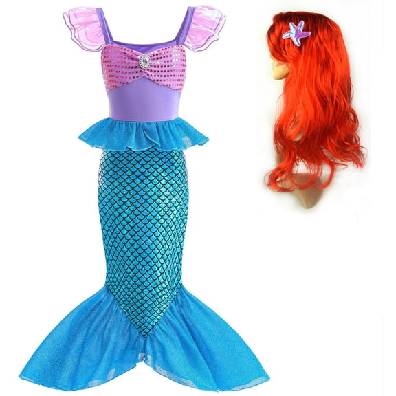 Mermaid Costume Dress with Wig Female Halloween Cosplay Outfits for 3-9 Year